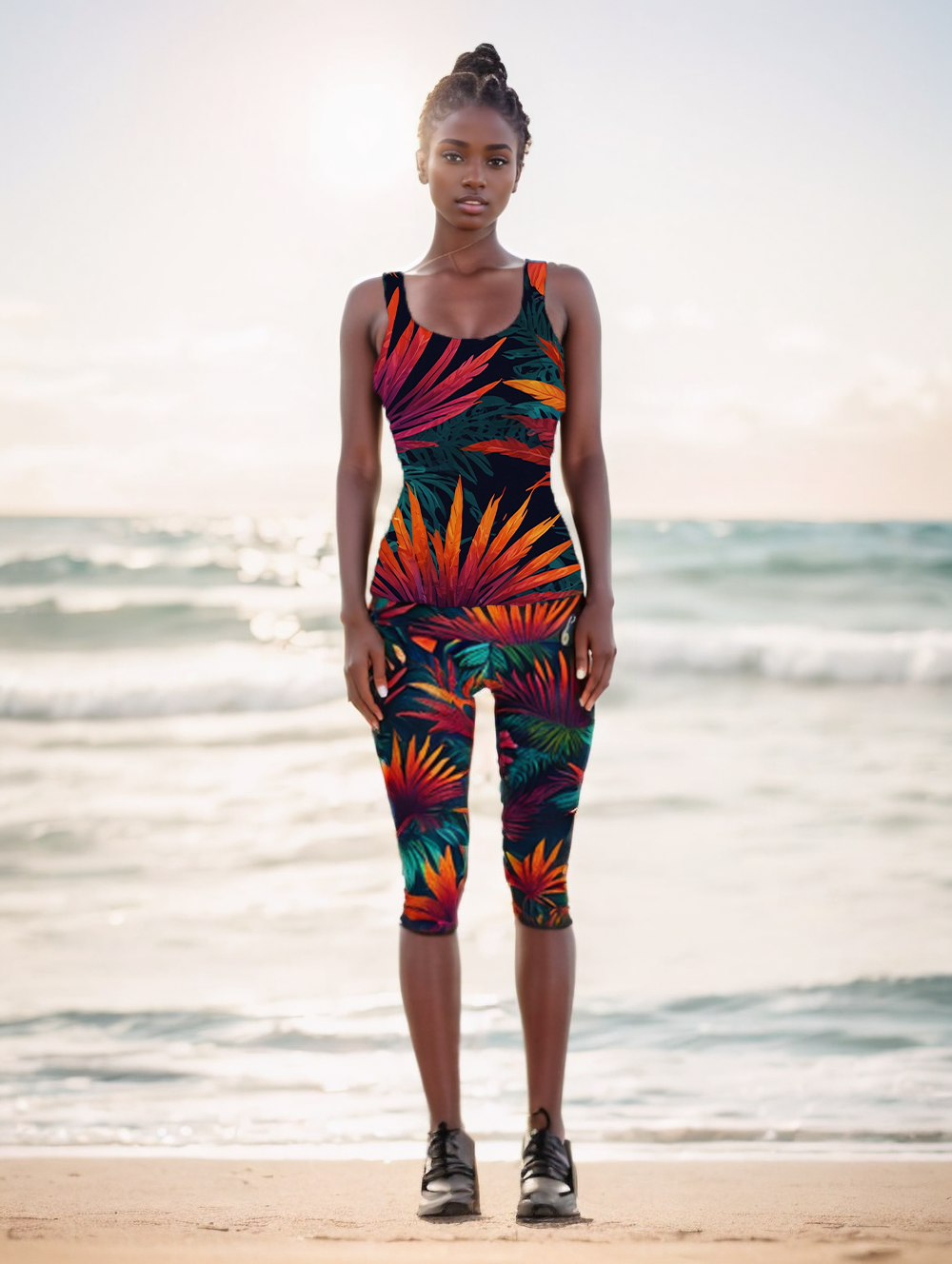 Abstract Neon Tropical Pattern with vibrant pops of color Women's All-Over Print Mid-Rise Capri