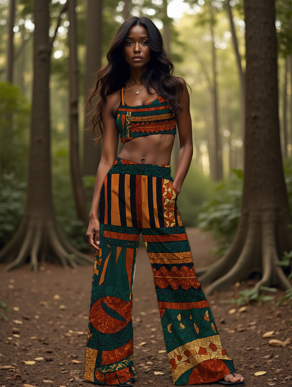 Traditional Nigerian Print Women's All-Over Print High-Rise Wide Leg Pants