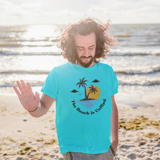 The Beach is Calling: Men’s T-Shirt – Adventure Awaits by the Shore