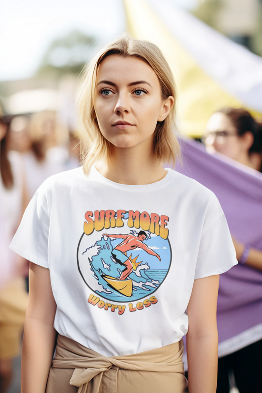Surf More, Worry Less Women’s T-Shirt – Embrace the Waves with a Carefree Mindset