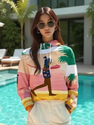 Surf El Zonte Pink Palms Surfboard Women's All-Over Print Cropped Windbreaker