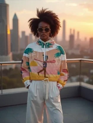Surf El Zonte Pink Palms Surfboard Women's All-Over Print Cropped Windbreaker