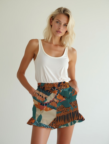 European Classic print Women's All-Over Print Ruffle Shorts