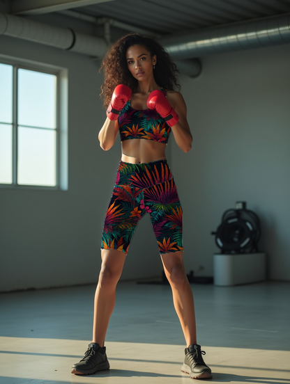 Abstract Neon Tropical Pattern with vibrant pops of color Women's All-Over Print Mid-Rise Bike Shorts