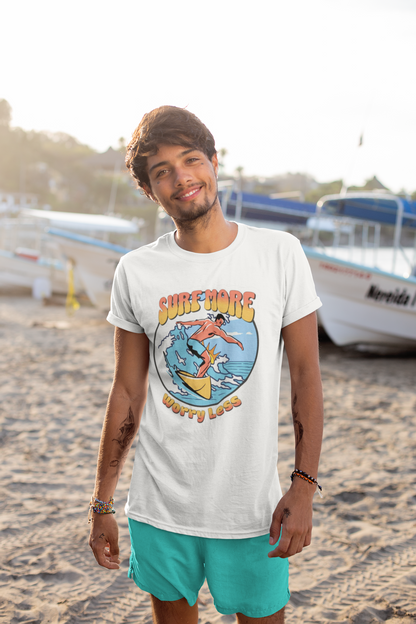 Surf More, Worry Less: Men’s T-Shirt – Ride the Waves, Let Go