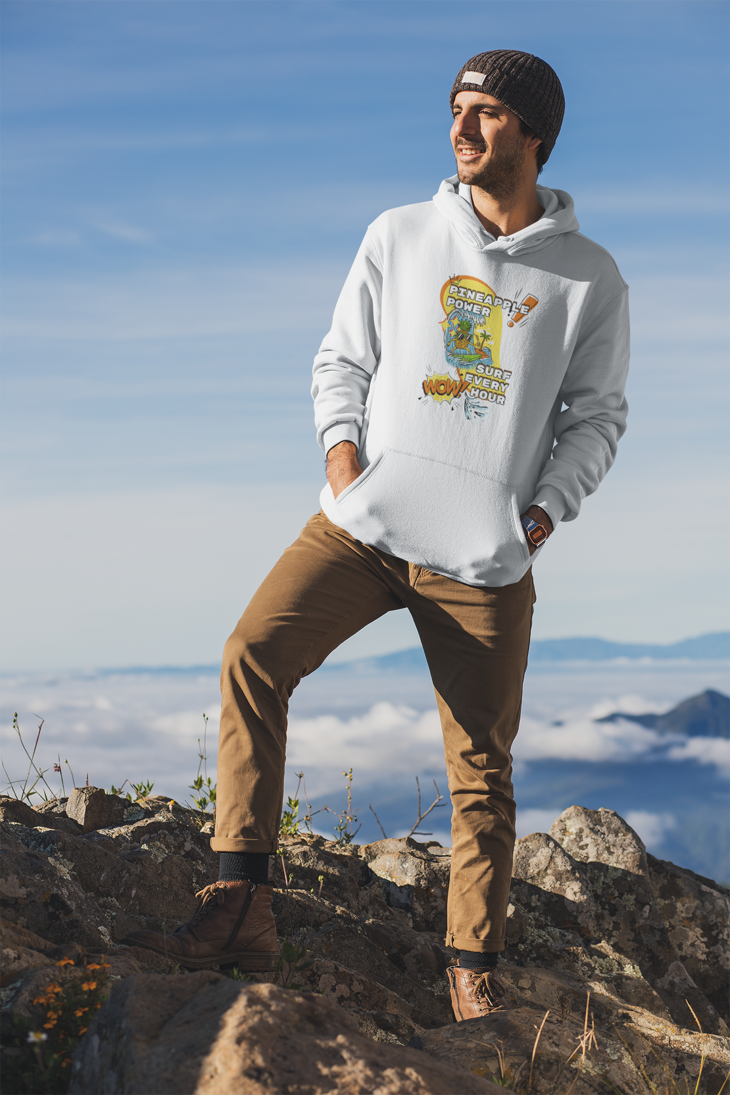 Pineapple Power: Men’s Hoodie – Surf Every Hour, Embrace the Vibe