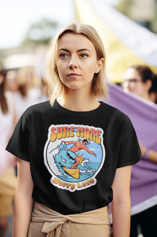 Surf More, Worry Less Women’s T-Shirt – Embrace the Waves with a Carefree Mindset