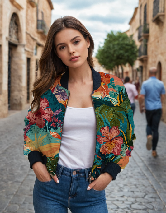 Bright graphic Hawaiin print aqua background Women's All-Over Print Bomber Jacket