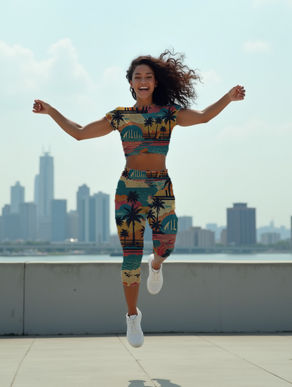 Tropical beach at dawn Women's All-Over Print Mid-Rise Capri