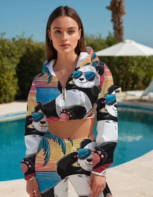 Panda chill time Women's All-Over Print Cropped Windbreaker