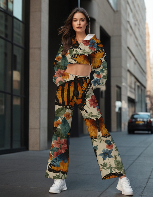 Butterfly Floral Print Women's All-Over Print High-Rise Wide Leg Pants