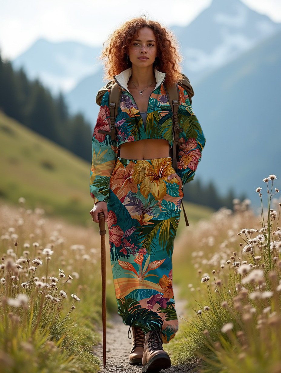Bright graphic Hawaiin print aqua background Women's All-Over Print High-Rise Wide Leg Pants