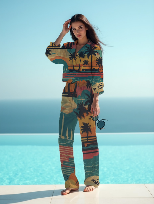 Tropical beach at dawn Women's Satin Pajama Pants