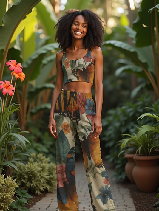 Butterfly Floral Print Women's Satin Pajama Pants