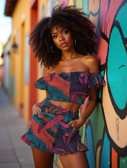 Vibrant neon jungle pattern Women's All-Over Print Ruffle Shorts