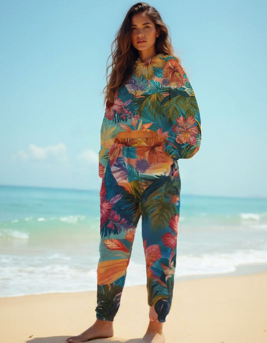 Bright graphic Hawaiin print aqua background Women's All-Over Print Track Pants